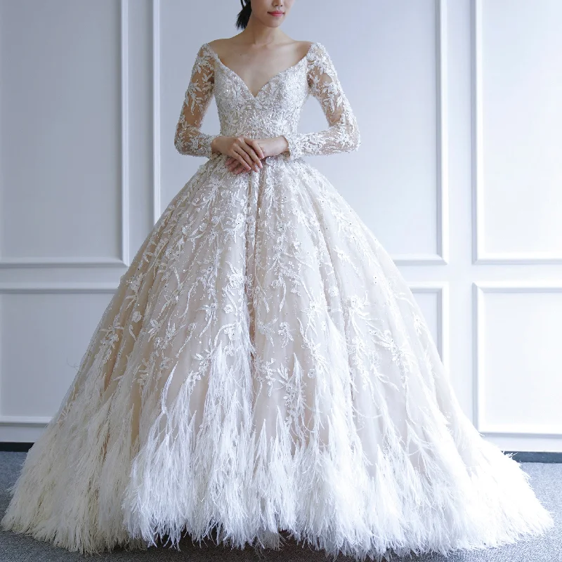 Exclusive Deals Online Fabulous Luxury Feathered Wedding Dresses with Long Sleeve Statement Piece