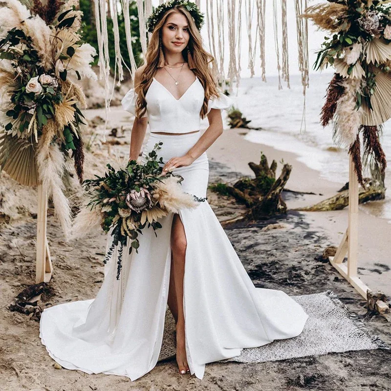 Limited Time Offer Mermaid Two Piece Beach Wedding Dresses with Split Summer Maxi Dresses Coastal Beach - Inspired Style