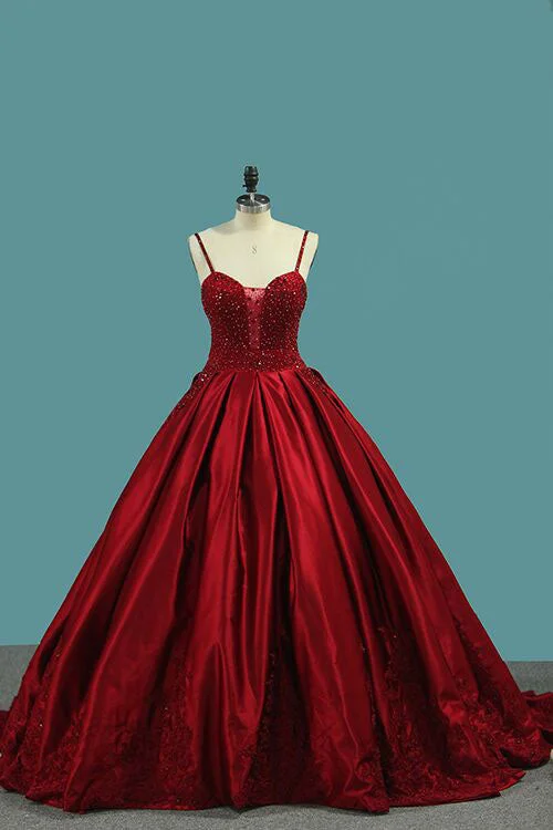 Seasonal Picks Red Spaghetti Strap Satin Puffy Prom Dresses with Crystals Beading Gorgeous Formal Dresses N1558 Tropical Island - Inspired Attire