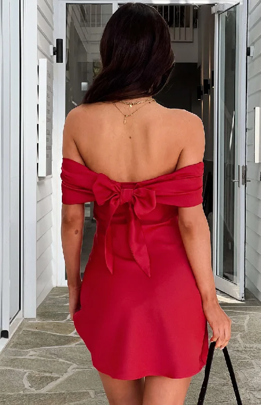 Final Sale Primrose Red Satin Off the Shoulder Mini Dress Effortless Sophistication