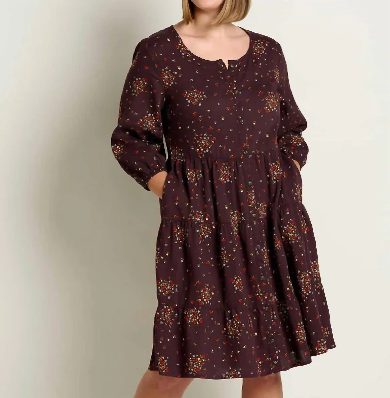 Budget Saver Manzana Tiered Long Sleeve Dress In Carob Floral Print Romantic Date - Night Ensemble