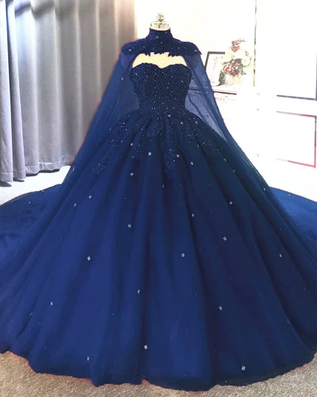 Flash Sale Ball Gown 2025 Navy Blue Tulle Lace Crystals Quinceanera Dresses With Cape Modern Glamour