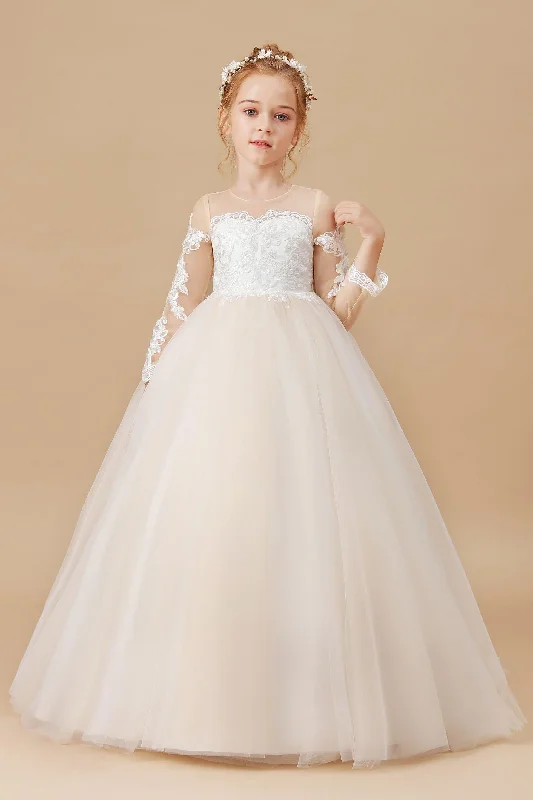 End Of Season Sale Floor Length Long Sleeves Lace Tulle Satin Flower Girl Dresses Limited - Time Bundle