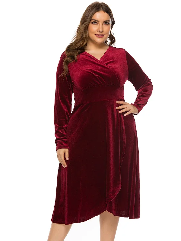 Trendy Women'S Wear Collection KittenAlarm - Plus Size High-low Velvet Long Sleeve Party Dress Romantic Detailing