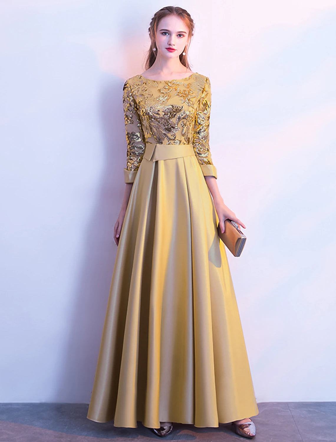 Spring Offer A-Line Bridesmaid Dress Jewel Neck Long Sleeve Beautiful Back Floor Length Satin / Tulle / Sequined with Sash / Ribbon / Pleats Weekend Special