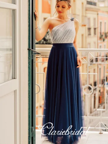 Break Fashion Norms One Shoulder Navy Tulle Ivory Sequin Long Bridesmaid Dresses Classic Timeless Elegant Style