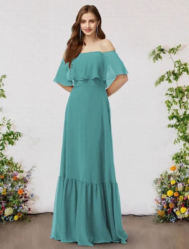 New Styles Just In A-Line Bridesmaid Dress Off Shoulder Sleeveless Elegant Floor Length Chiffon with Ruffles Limited - Stock