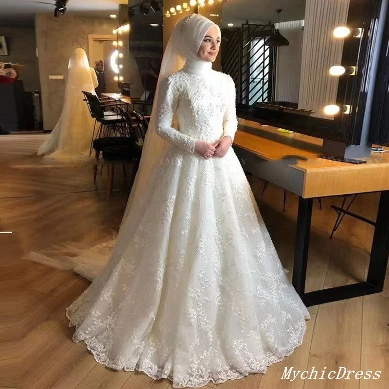 Fashionista Sale A Line Lace White Muslim Wedding Dresses High Neck Applique Long Sleeves Minimalist Office - Ready Style