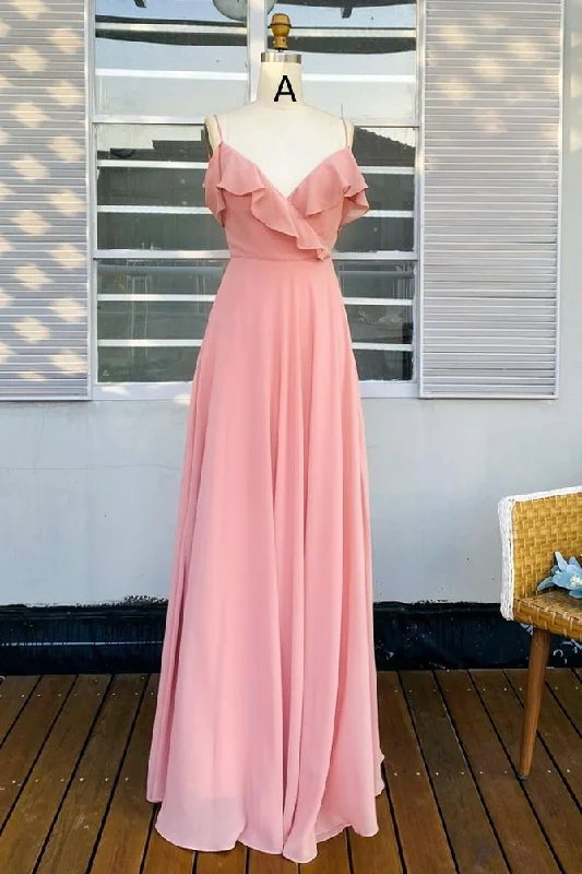 Sophisticated Style Offers Pink Chiffon Ruffled Neck Bridesmaid Dress Contemporary Elegance