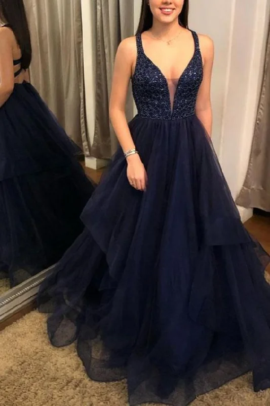 Top Deals A-Line Navy Blue Long Prom Dresses Formal Evening Gowns    cg13043 Flowy Fabric