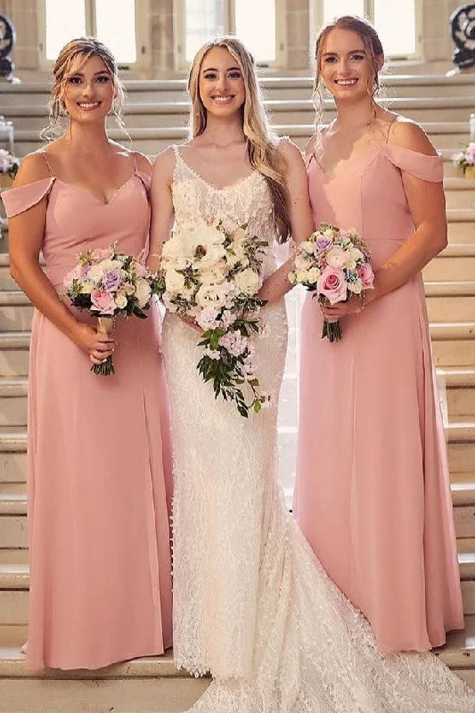 Best Deals Of The Season Pink Off-the-Shoudler Straps Chiffon Long Bridesmaid Dress Now On Sale For Chic Urban Styles