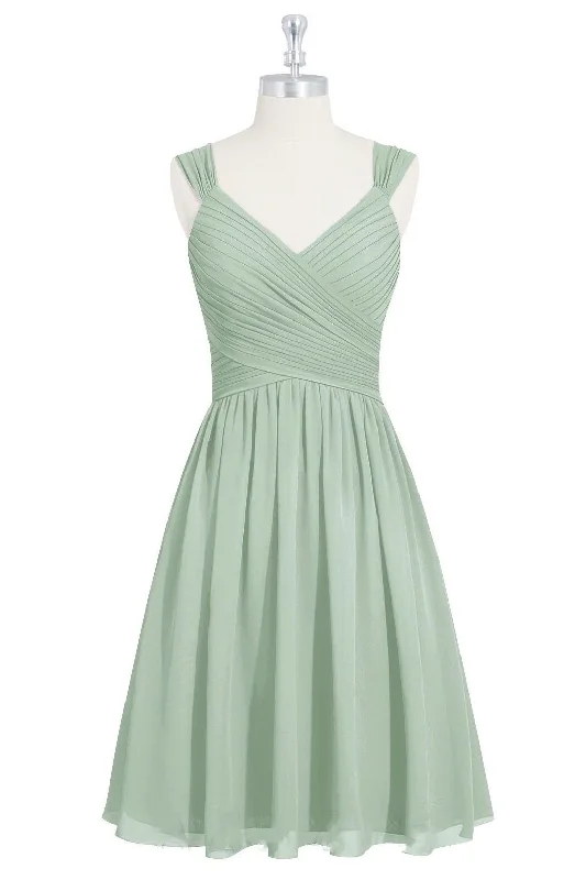 Embrace New Fashion Sage Green V-Neck Backless A-Line Short Bridesmaid Dress Graceful Drape