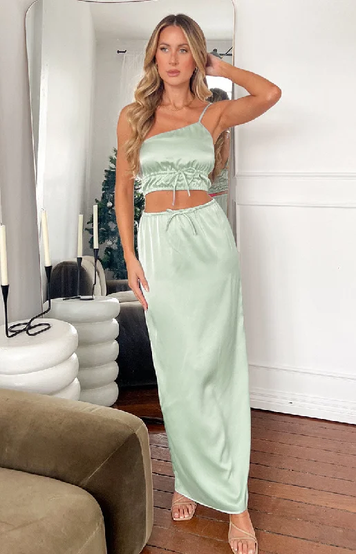 Dive Into Trendy Styles Lala Sage Satin Maxi Skirt Modern Romance