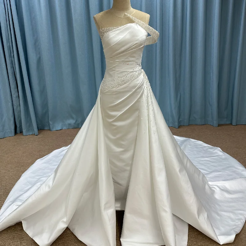 Must Haves Unique One Shoulder Satin Wedding Dress with Detachable Train Feminine Flow