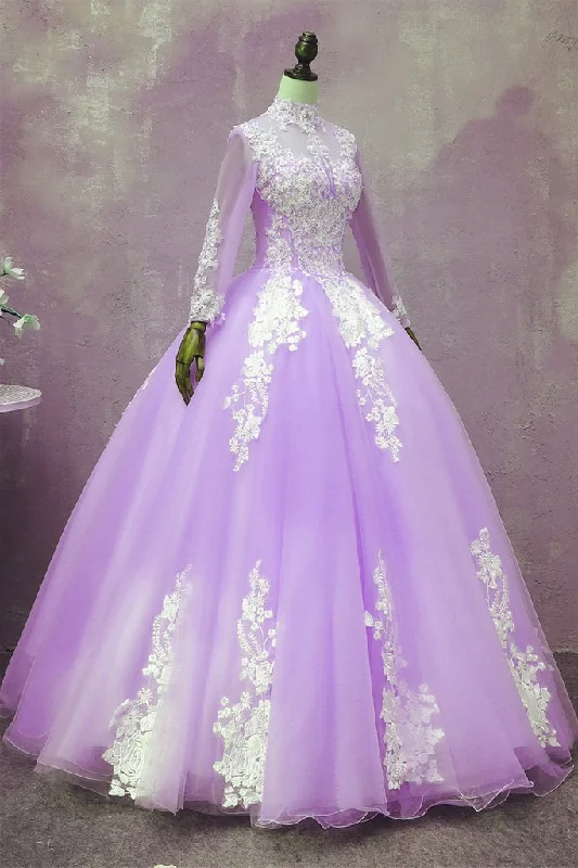 Flash Sales Light Purple Tulle Long Sleeves Applique Sweet 16 Gown, Beautiful Evening prom Dress Formal Dress   cg17969 Vibrant Prints