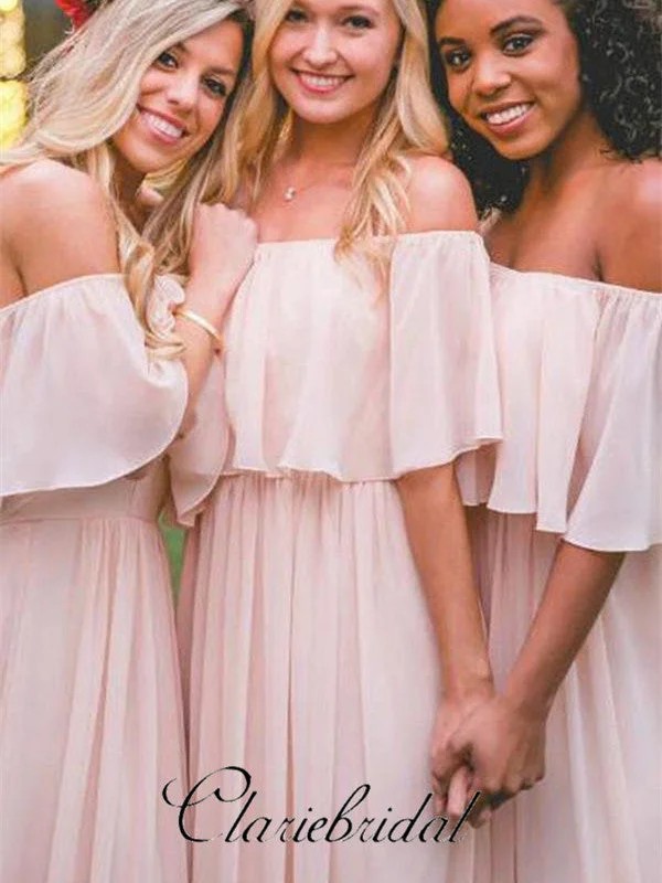 Stylish Savings Off Shoulder Blush Pink Chiffon Long Bridesmaid Dresses Vibrant Prints