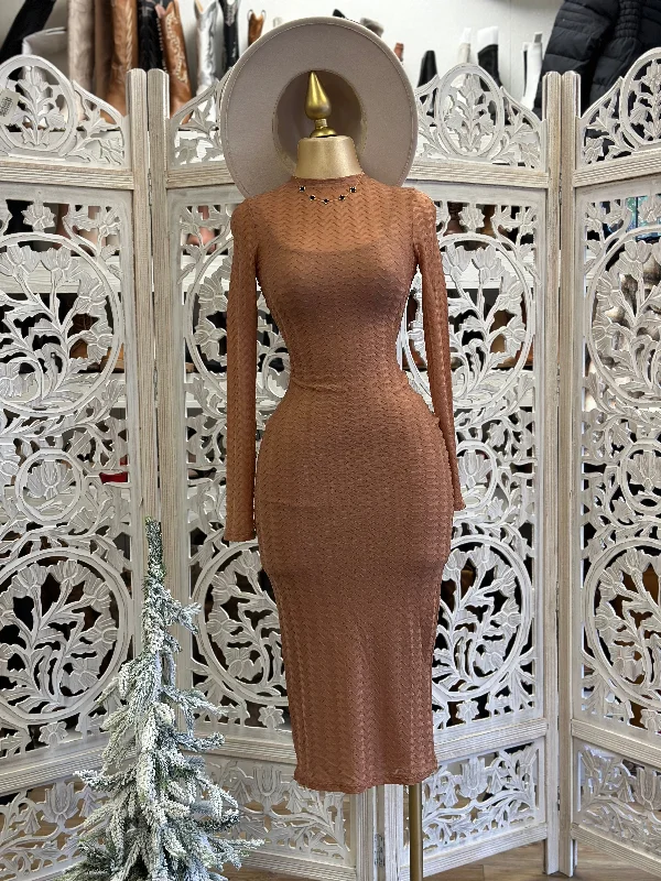 Latest Fashion Brown Midi Long Sleeve Dress Now On Sale For Chic Urban Styles