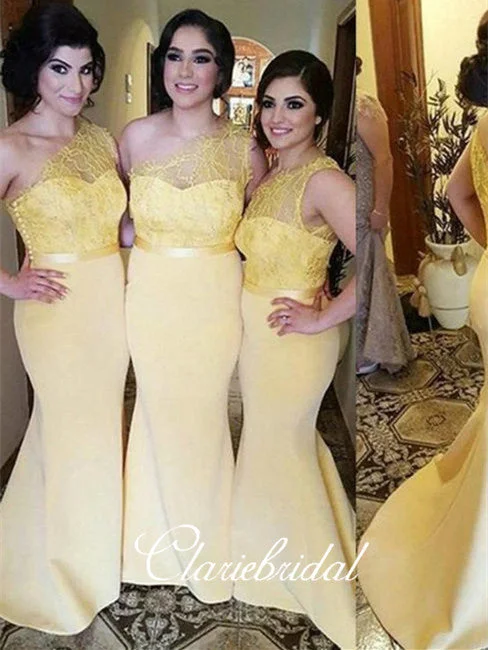 Classy Style Discounts One Shoulder Lace Top Yellow Jersey Long Bridesmaid Dresses Feminine Soft - Hued Styles