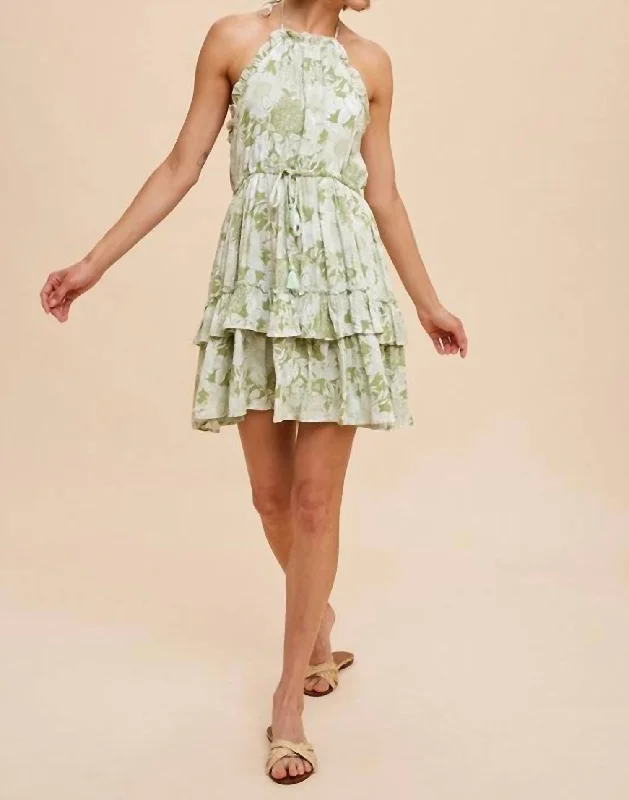 Exclusive Designer Style Deals Natalia Tiered Floral Halter Dress In Green Romantic Flair