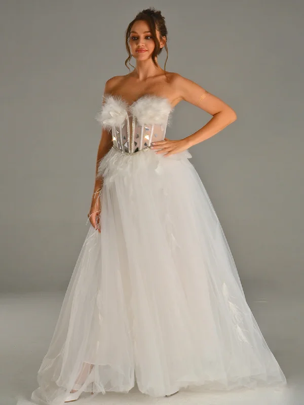 Classic Modern Offers Strapless Tulle Wedding Dress With Feathered And Mirror Trim Buy More, Save More