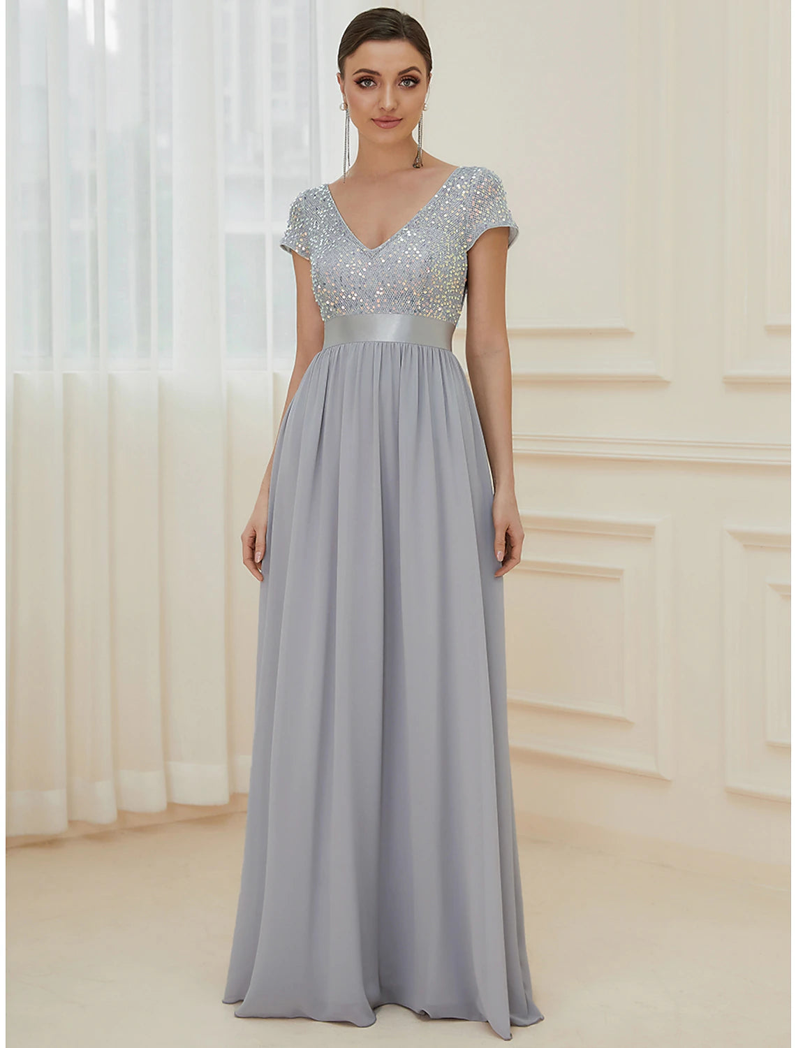 Discover Now A-Line Bridesmaid Dress V Neck Short Sleeve Elegant Floor Length Chiffon with Solid Color Today Only