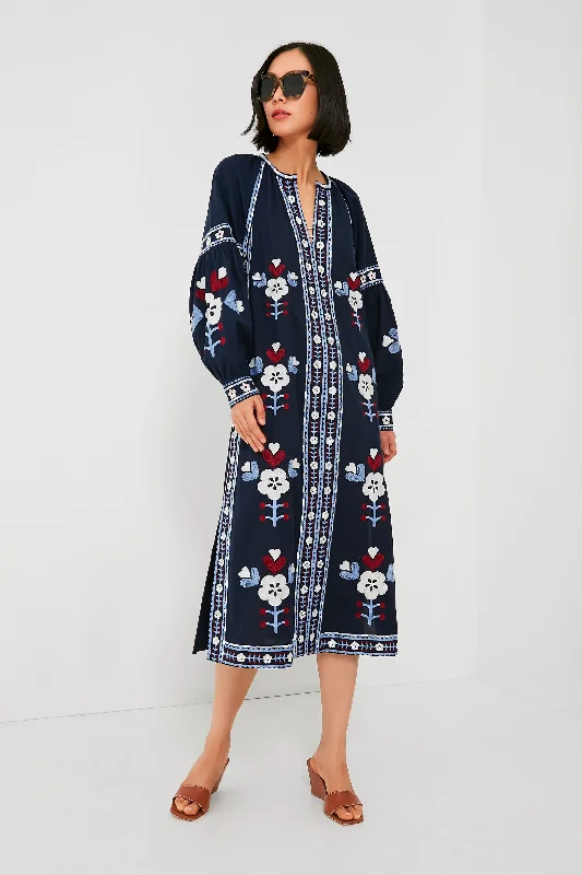 Hot Trends Exclusive Navy Shaina Embroidery Long Sleeve Dress Statement Piece