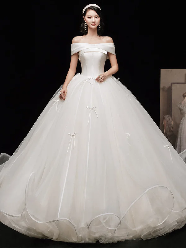 Style Breakthroughs Ivory Off Shoulder Tulle Long Wedding Dress Ivory Bridal Gown Chic Allure