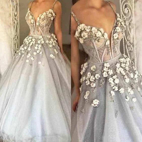 Seize Bargains Customize Ball Gown Prom Dress Grey Spaghetti V-Neck Tulle Illusion Aline Flowers Dress Evening Wear Formal Dress Elegant  cg11732 Bold Patterns