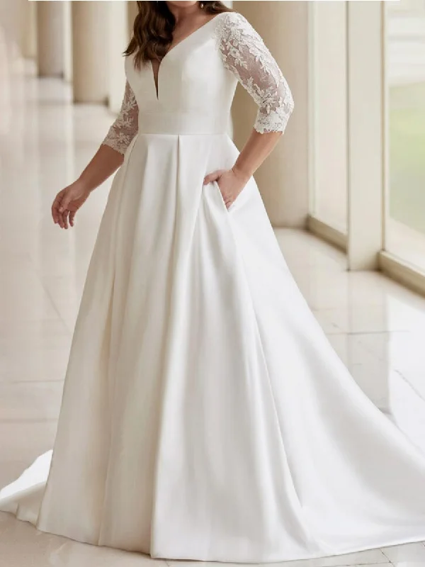 Limited Stock, Big Sale Plus Size Satin Wedding Dress | A-Line 3/4 Sleeve V-Neck Weekend Special