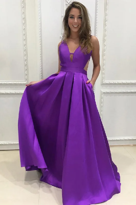 Winter Warehouse Sale Purple V-Neck Backless Ruched Satin Long Prom Dresses N554 Effortless Style