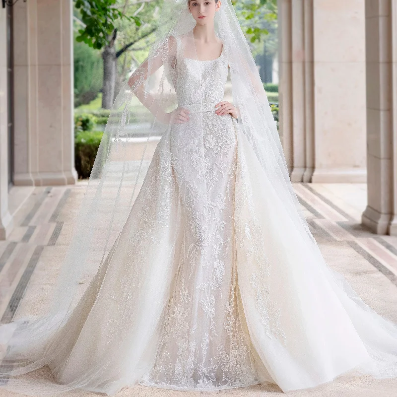 Fashion-Forward Offers Square Neck Mermaid Lace Wedding Dress with Detachable Train Effortless Sophistication