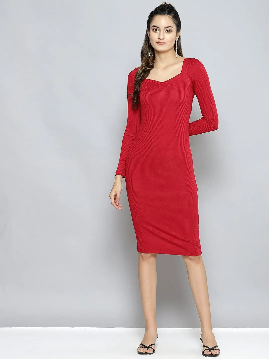 Flash Sale Now Women Red Rib Sweetheart Neck BodyCon Midi Dress Big Savings On Minimalist Office Styles