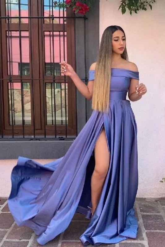 Luxury Casual Deals Off The Shoulder Front Split   Satin Long Floor Length Prom Dress Y0338 Chic Urban Fashion Look