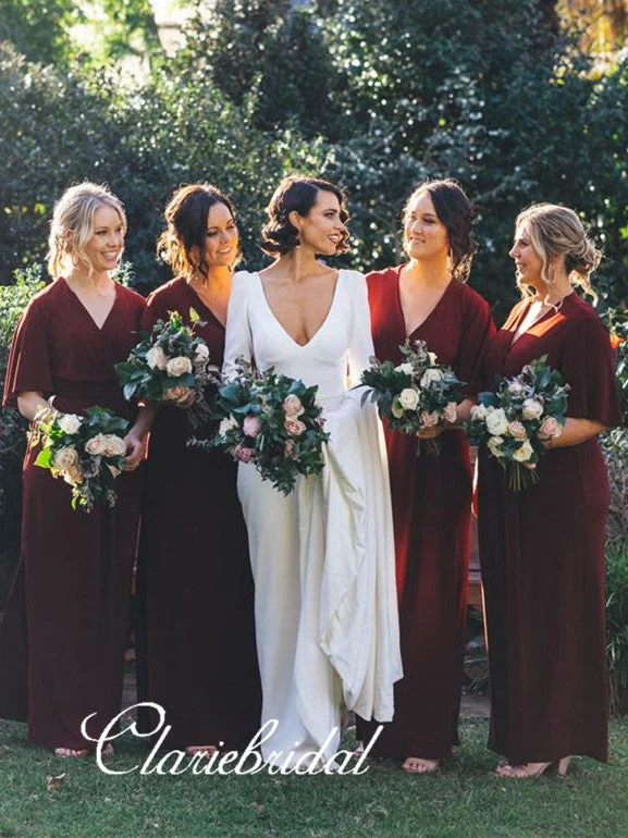 Best Sellers Half Sleeves A-line Burgundy Jersey Long Bridesmaid Dresses Holiday Sale