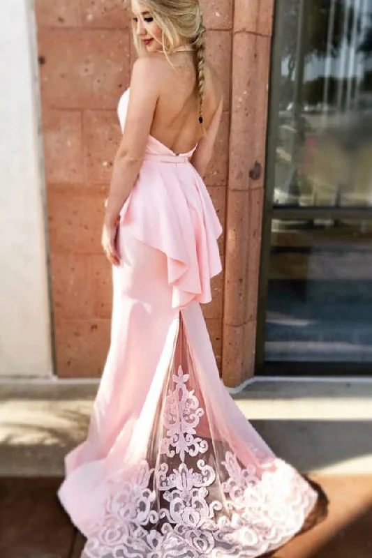 Crazy Discounts, Hurry Up Mermaid Halter Pink Formal Dresses with Lace Sexy Long Backless Satin Prom Dresses N1107 Vintage Charm