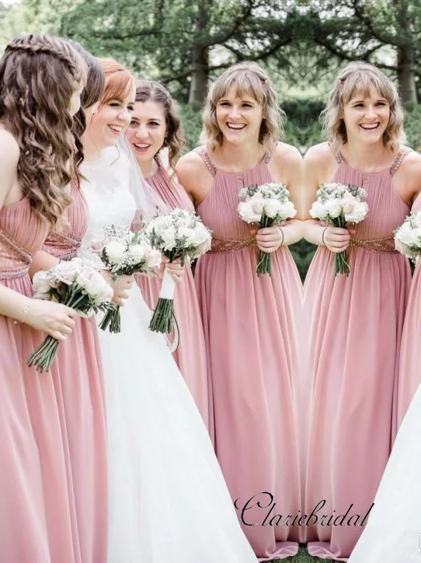 Budget-Friendly Fashion Dusty Rose A-line Beaded Chiffon Long Bridesmaid Dresses Flash Deals