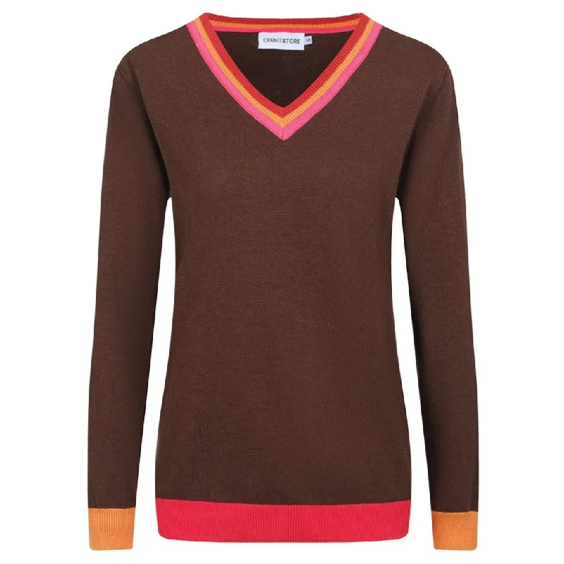 Holiday Glam Women V-Neck Brown Long Sleeves Knitwear Fashion-Forward Style