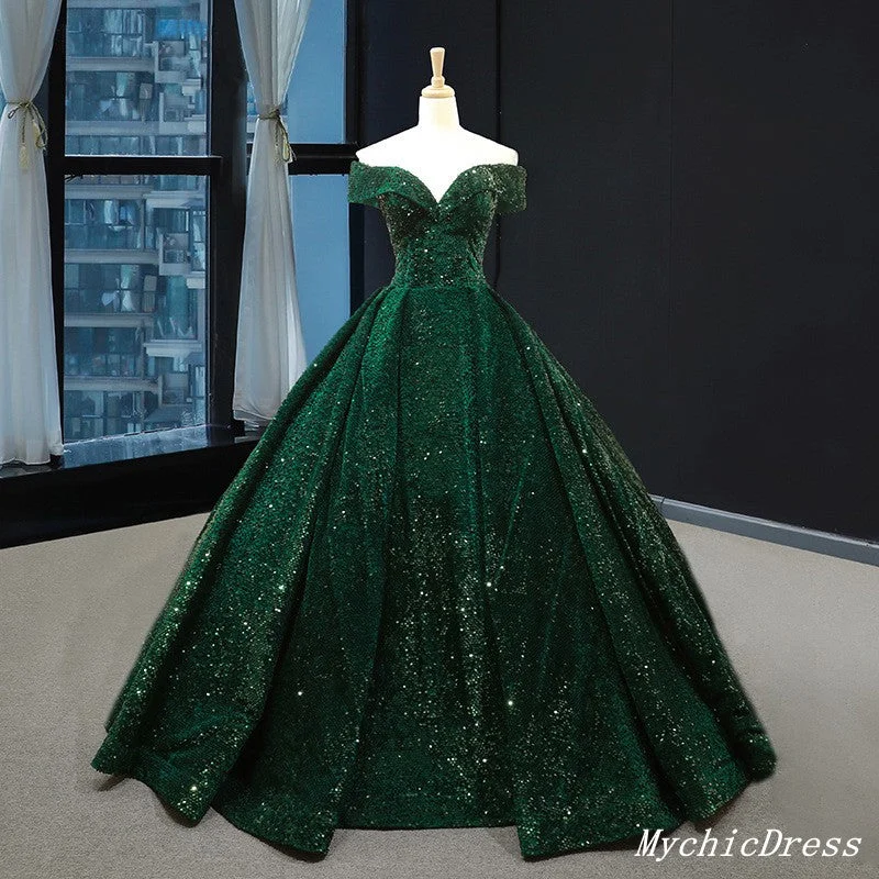 Urban Style Promotions Emerald Green Quinceanera Dresses Sequin Ball Gown Off the Shoulder Wedding Dress Romantic Detailing