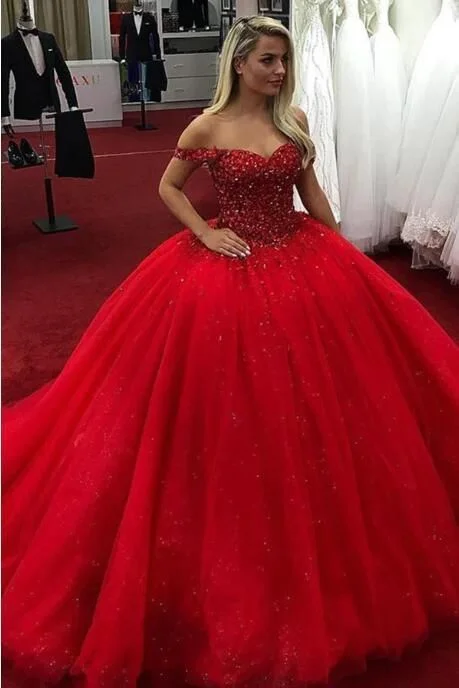 Discover Promotions Sparkly Red Ball Gown Sweetheart Off Shoulder Prom Dress with Sequi   cg16003 Disco - Inspired Retro Dance Look