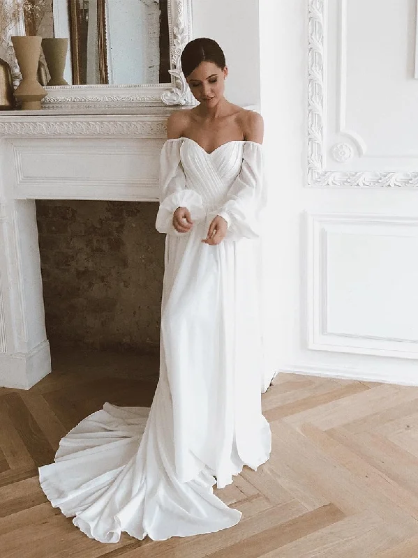 End Of Season Sale Off the Shoulder Chiffon Beach Puff Sleeve Wedding Dresses Lightweight Fabric