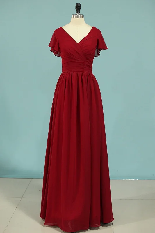 Trendy Women'S Wear Collection Red V-Neck Ruffled A-Line Long Bridesmaid Dress Tropical Island - Inspired Attire