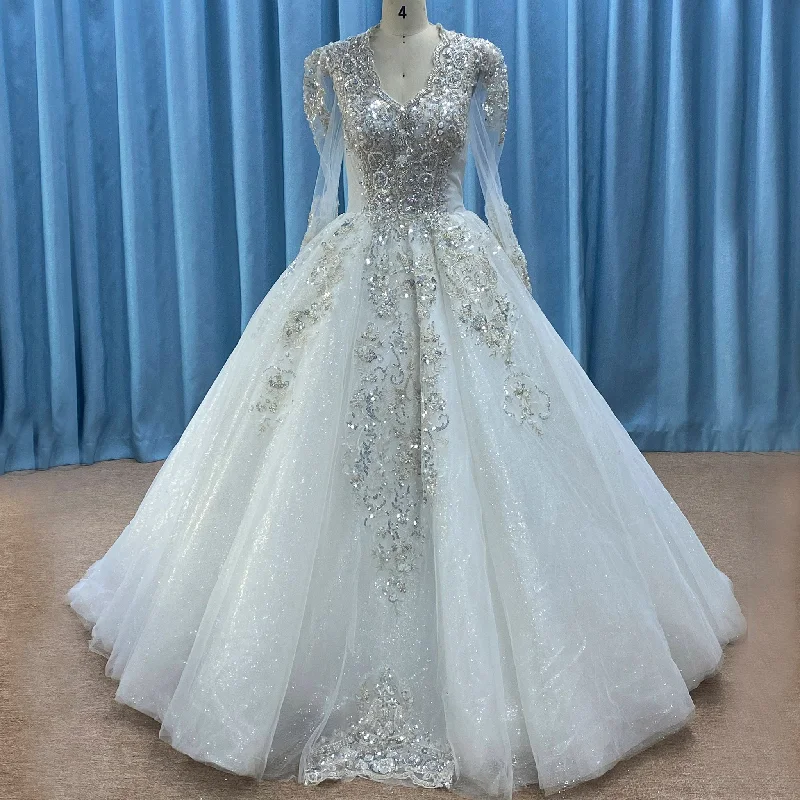 Big Discounts Sparkle Ball Gown Wedding Dress with Sheer Long Sleeve Elevated Style