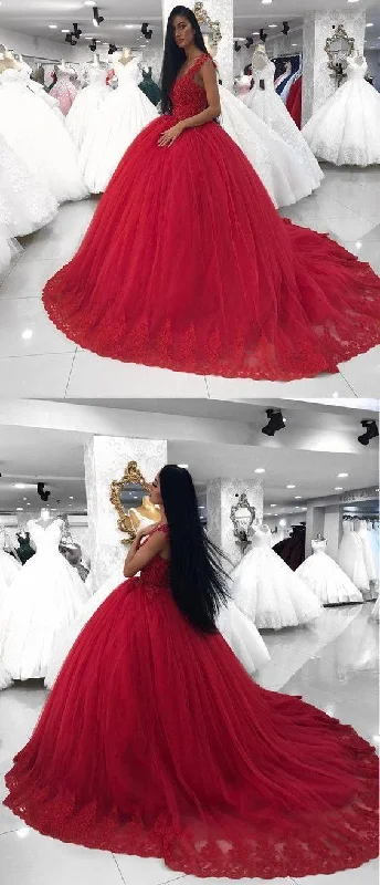 Ride The Style Wave Lace V-neck Red Tulle Ball Gown,Chic Prom Dress   cg17339 Limited - Time Bundle