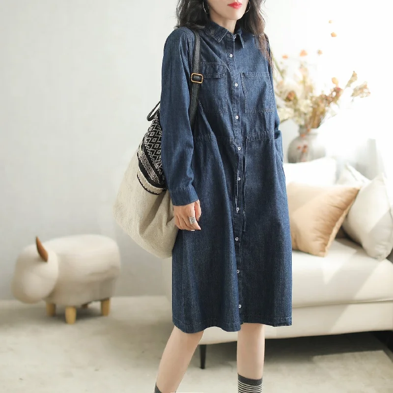 Sleek Style Discounts Autumn Casual Fashion Long Sleeve Denim Dress Feminine Soft - Hued Styles