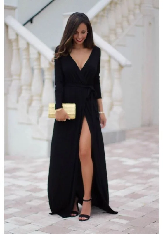 Luxe Style Discounts Custom Made Black Prom Dress,Long Sleeves Evening Dress, Deep V-Neck Party Gown,Side Slit Prom Dress cg735 Grab Romantic Date - Night Styles Now