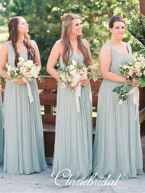 Hurry Before It'S Gone V-neck Dusty Green A-line Tulle Long Bridesmaid Dresses Graceful Movement