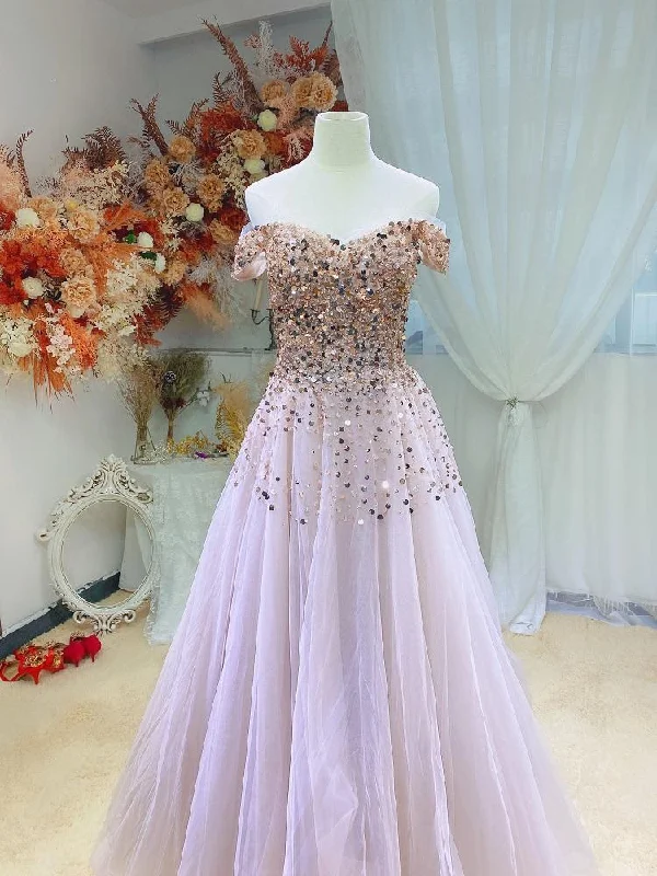 Athleisure Style Sale Pink Shiny Sequins Off Shoulder Tulle Ball Gown Prom Dress, Pink Long Party Dress   cg16385 Graceful Cut