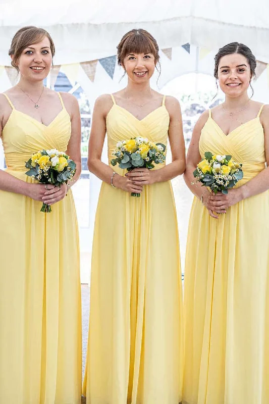 New Styles Just In Yellow Chiffon Spaghetti Straps A-Line Long Bridesmaid Dress Flash Deals