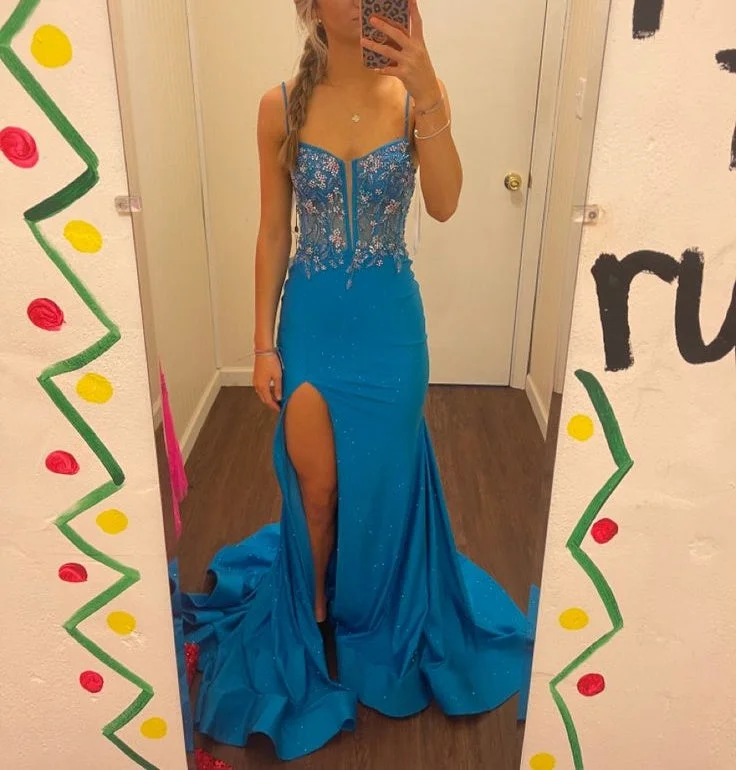 Luxury Fashion Discounts Blue spaghetti strap gorgeous exquisite beaded bodycon long satin high slit ball gown evening dress gh2717 Seasonal Trend