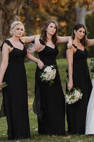 Hot Items Black Flutter Straps V Neck Chiffon Long Bridesmaid Dress Weekend Special